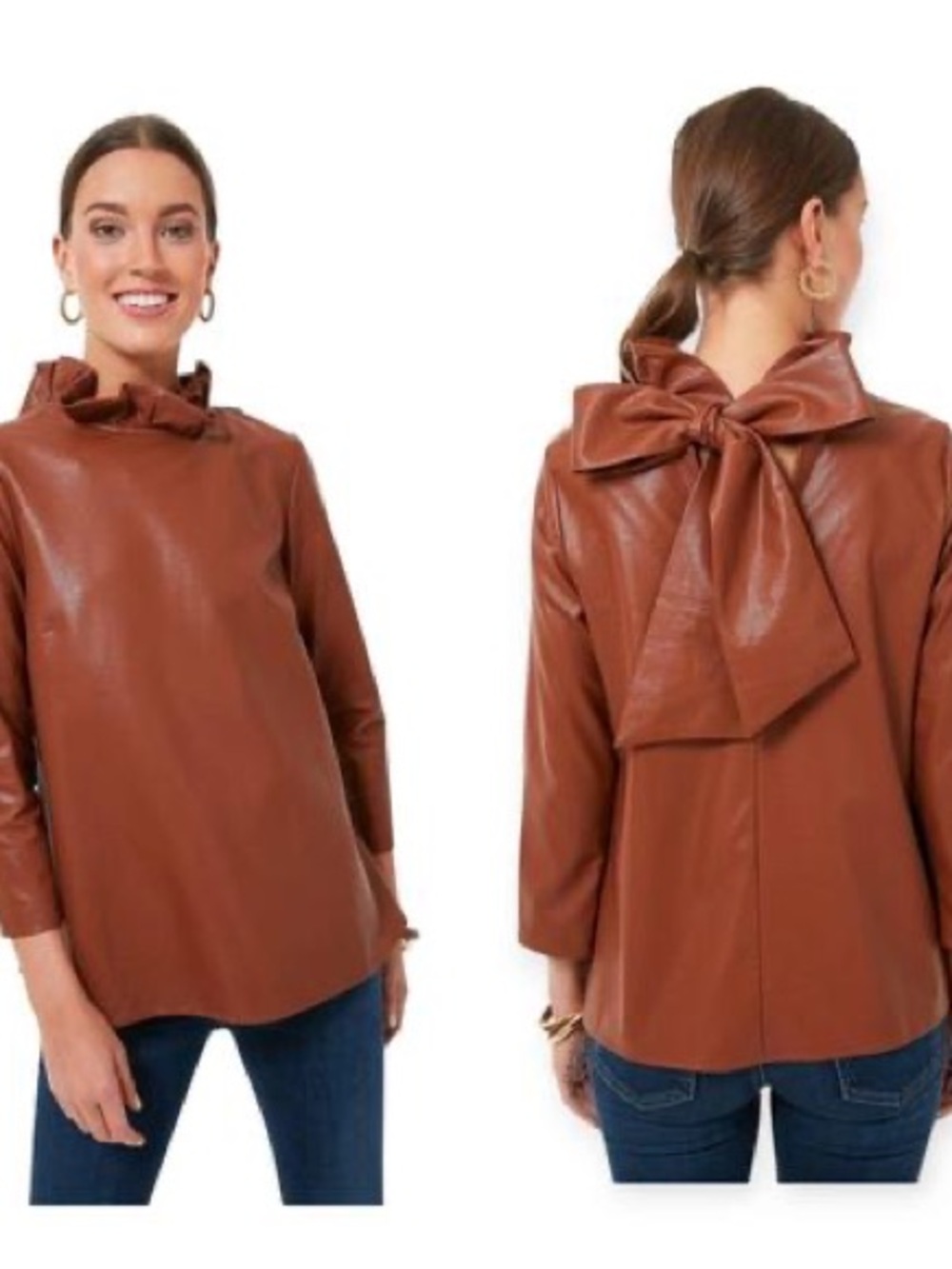 Tuckernuck Brown Faux-Leather Bow-Back Blouse